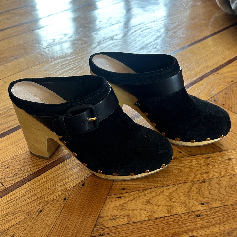 Veronica Beard Black Suede Clogs with Wooden Platform